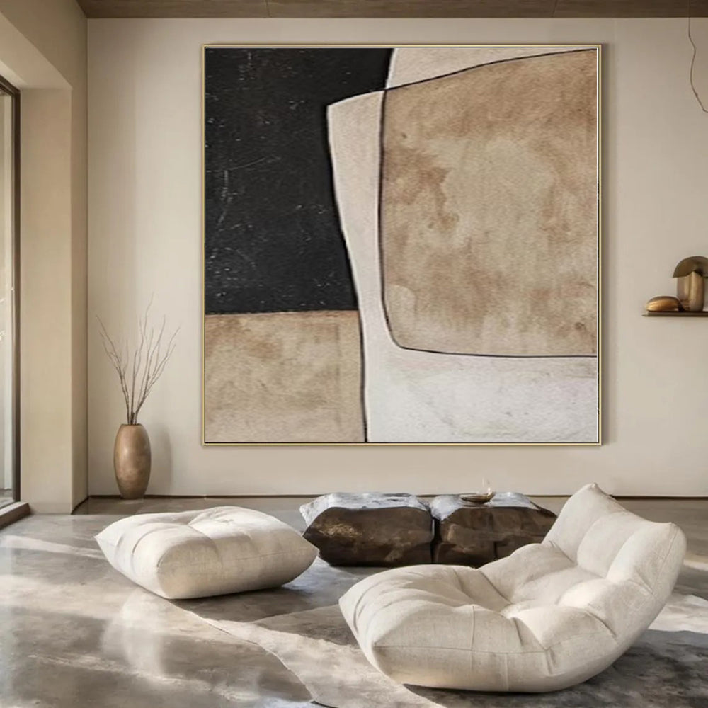 Beige and Black Geometric Shapes "Neutral Abstraction" Abstract Painting On Canvas PS1080