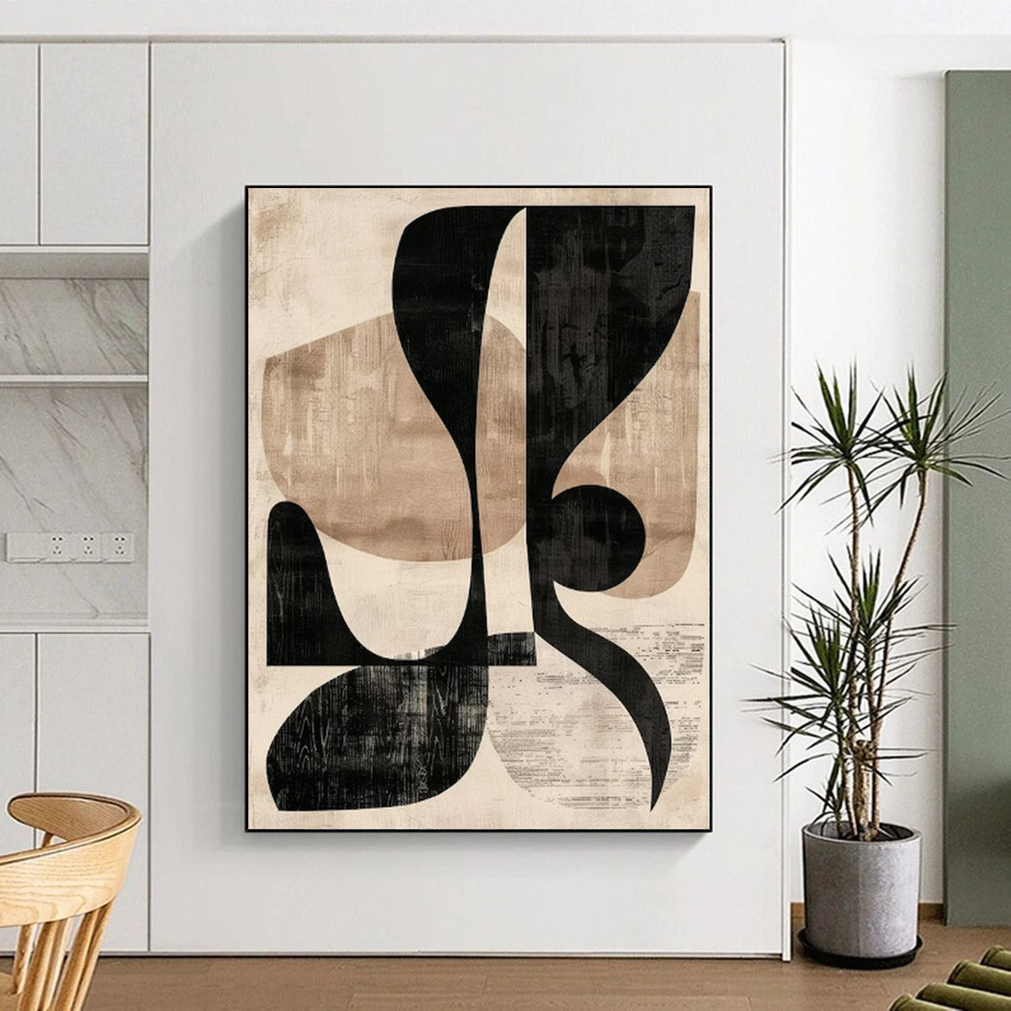 “Black & Beige Shapes” - Black, Beige Geometric Abstract Painting On Canvas PS0385