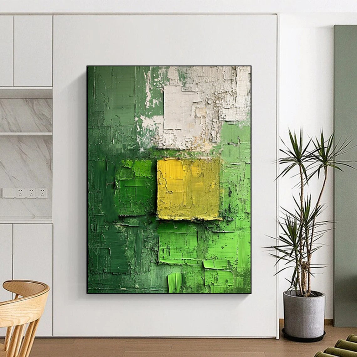 “Green - Yellow Textured Squares” - Abstract Expressionist Painting On Canvas DS029