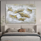 “Gilded Ginkgo Leaves” - Gray, Gold & White Floral, Mixed - Media Painting On Canvas DKS790