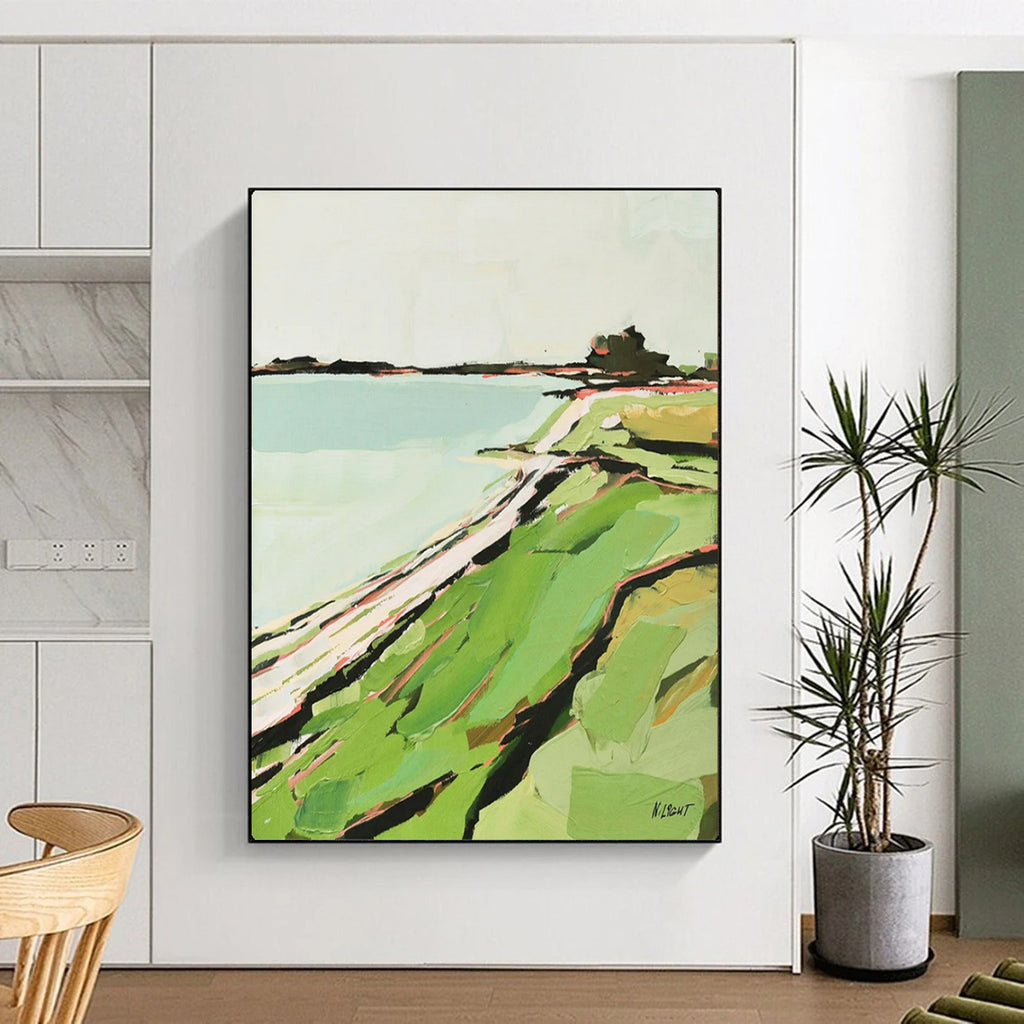 Coastal Contours Abstract Green & Blue Seaside, Painting On Canvas PT2147
