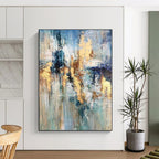 “Blue, Gold & Beige Abstract Fusion” - Abstract Painting On Canvas PS0414