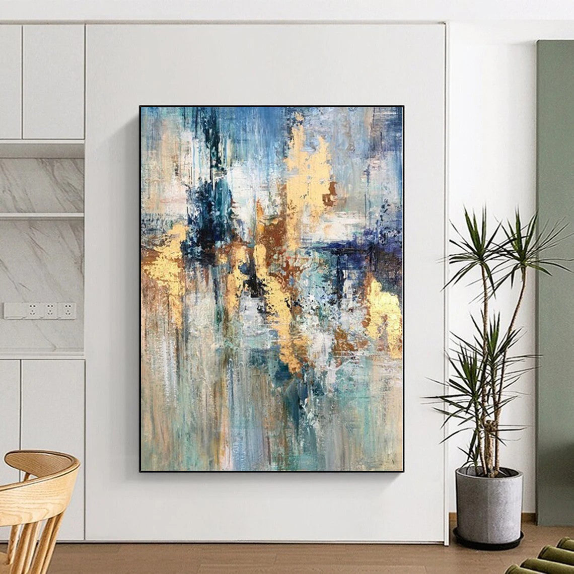 “Blue, Gold & Beige Abstract Fusion” - Abstract Painting On Canvas PS0414