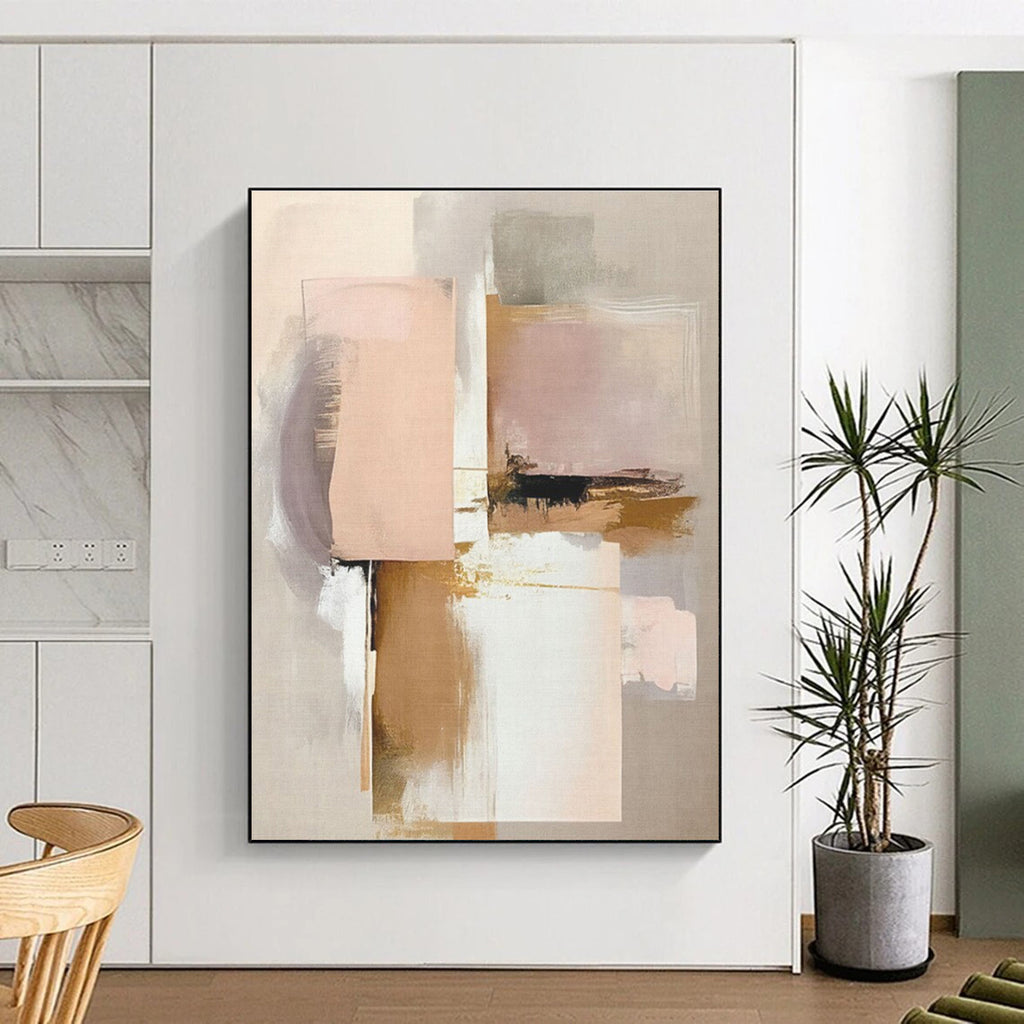 “Blush & Gold Abstract Squares” - Blush, Gold, Gray, White Abstract Geometric Painting On Canvas PS0759