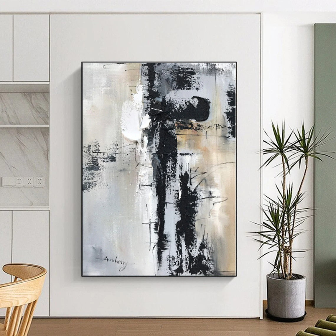 “Black - White - Gray Urban Abstraction” - Black, White, Gray Abstract Painting On Canvas PS0501