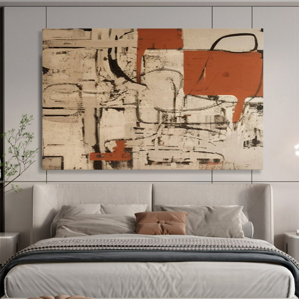 “Rust and Beige Abstract with Black Lines” - Industrial Abstract Painting On Canvas PT099