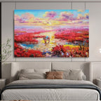 “Pink Wetland Sunset with Boats” Impressionist Landscape Painting On Canvas PT1799