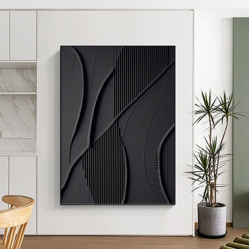 “Black Modern Curves” - Black, Textured Abstract Shapes Painting On Canvas PT1465