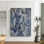 “Blue Cubist Chaos” - Blue, Gray Cubist Abstract Painting On Canvas PS0393