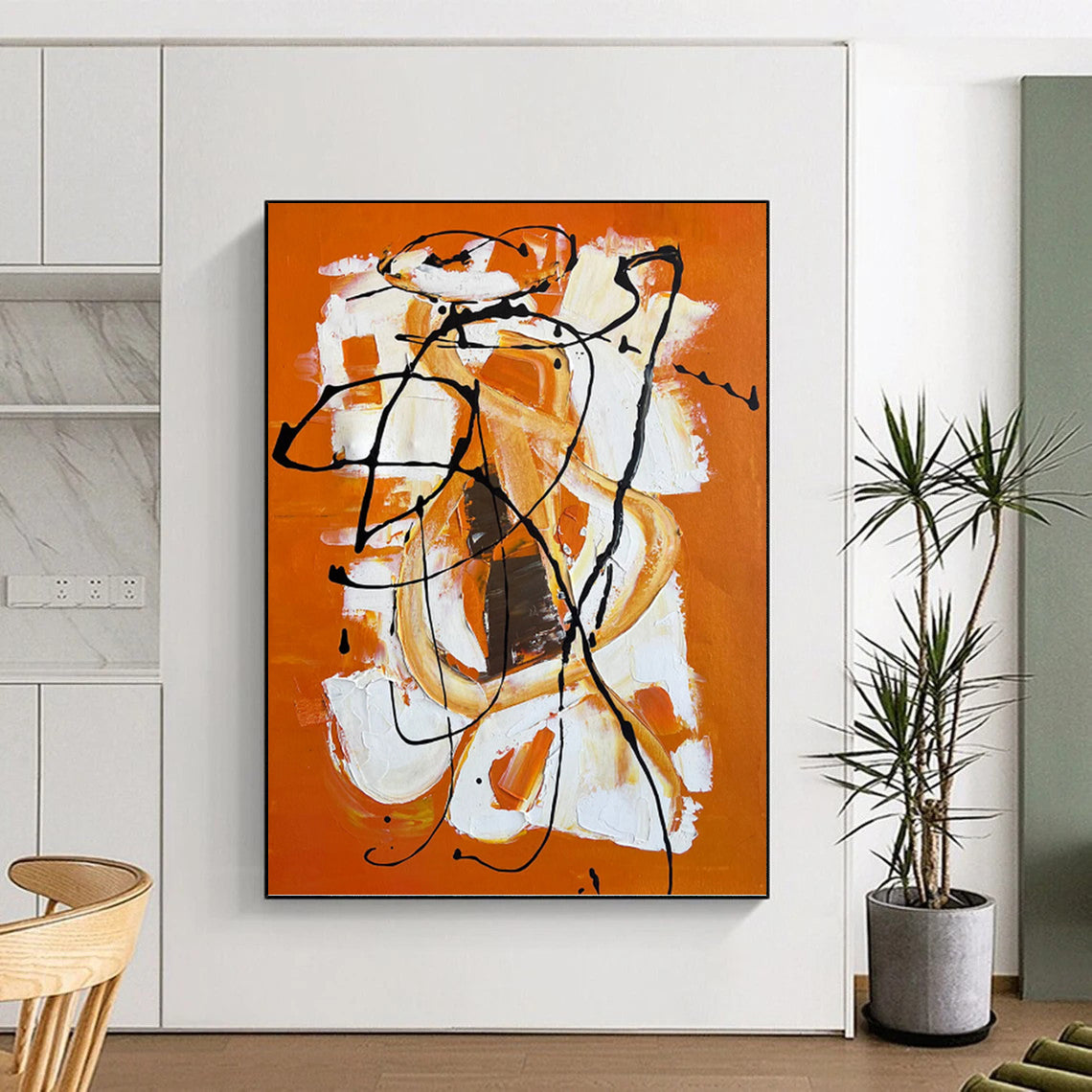 “Orange - White - Black Abstract Swirls” - Abstract Expressionist Painting On Canvas PT1221