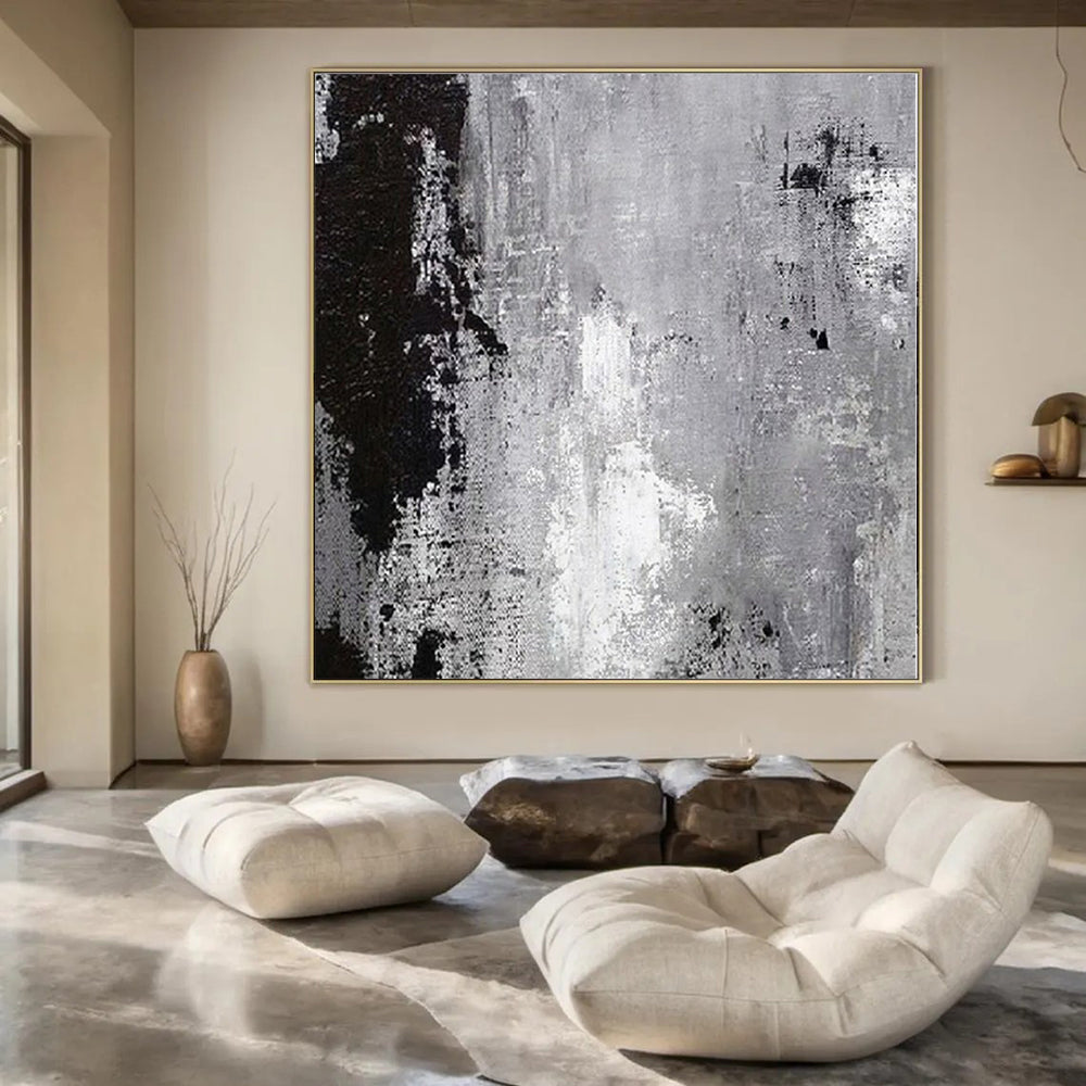 Black, White and Gray with Textured Layers "Urban Grunge" Abstract Painting On Canvas PS1150