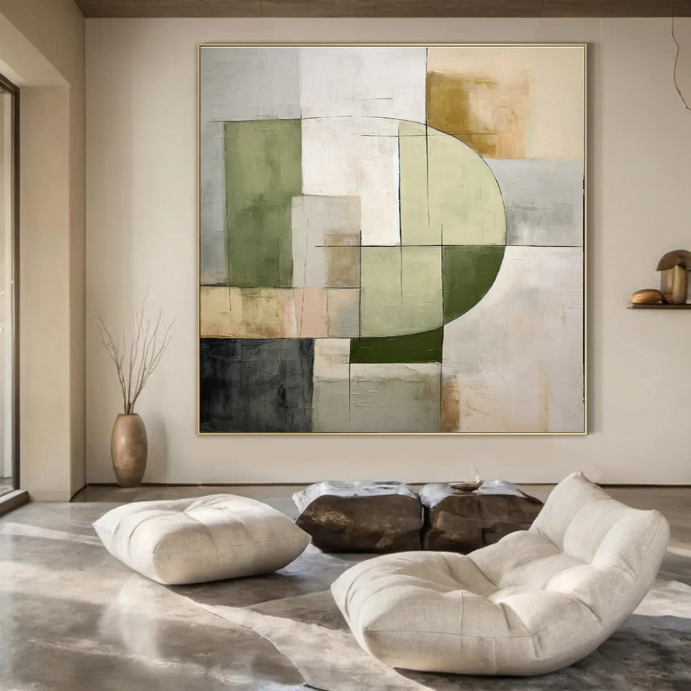 Green, Gray, Beige, Black with Geometric Mix "Balanced Abstraction" Abstract Painting On Canvas PS1451