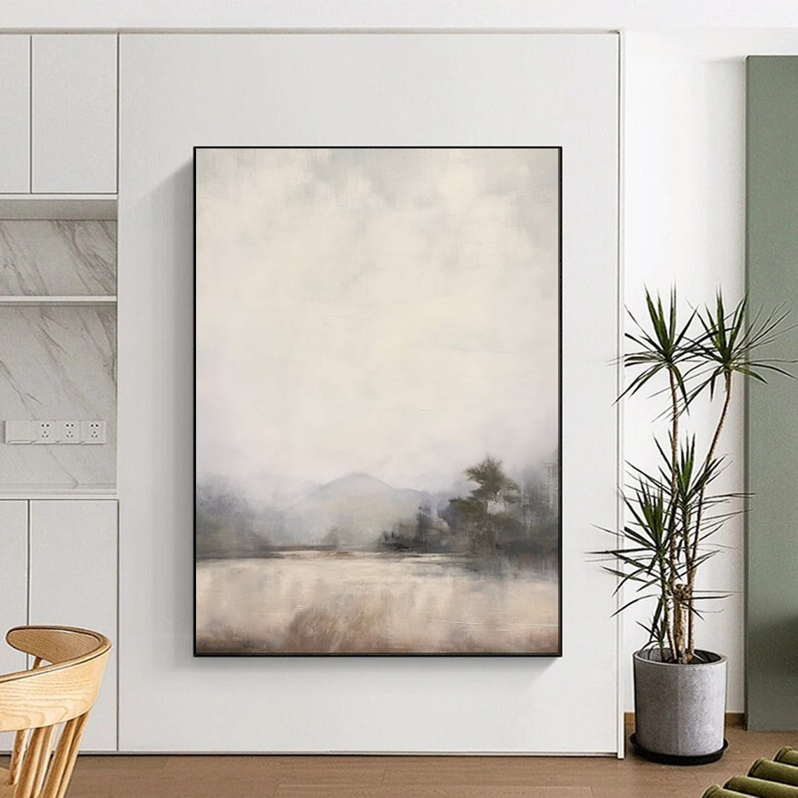 “Misty Mountain Lake in Neutral Tones” - Landscape Painting On Canvas PT2056