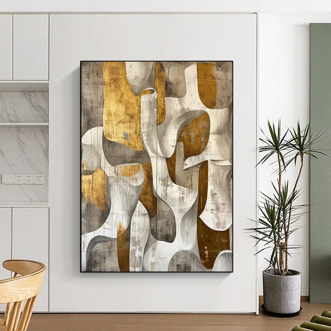 “Gray - Gold Abstract Forms” - Abstract Sculptural Painting On Canvas DS011
