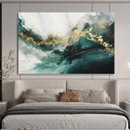 “Teal - Gold Abstract Waves” - Fluid Teal “Ocean Gold” Painting On Canvas PT1616