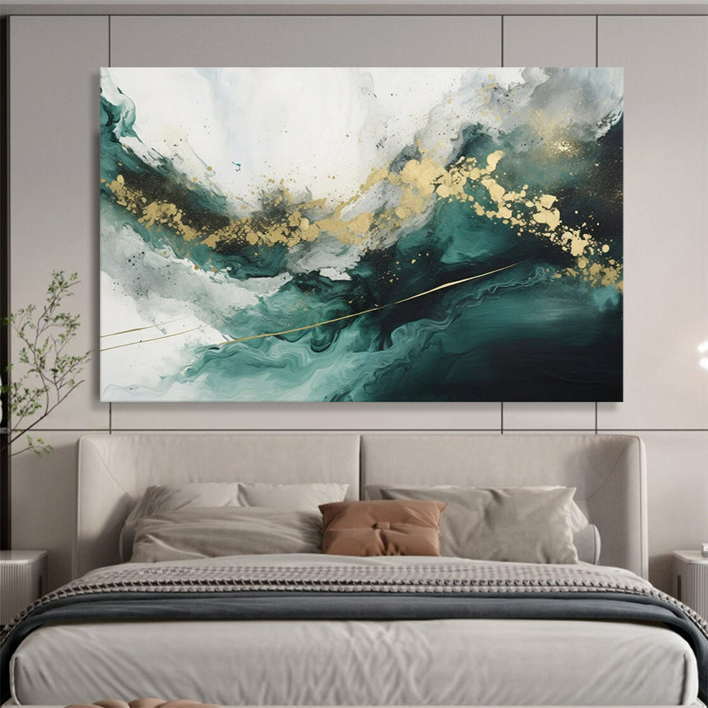 “Teal - Gold Abstract Waves” - Fluid Teal “Ocean Gold” Painting On Canvas PT1616
