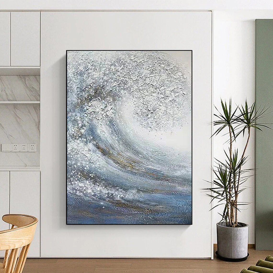 “Silver and Blue Wave” - Textured Seascape Painting On Canvas DS337