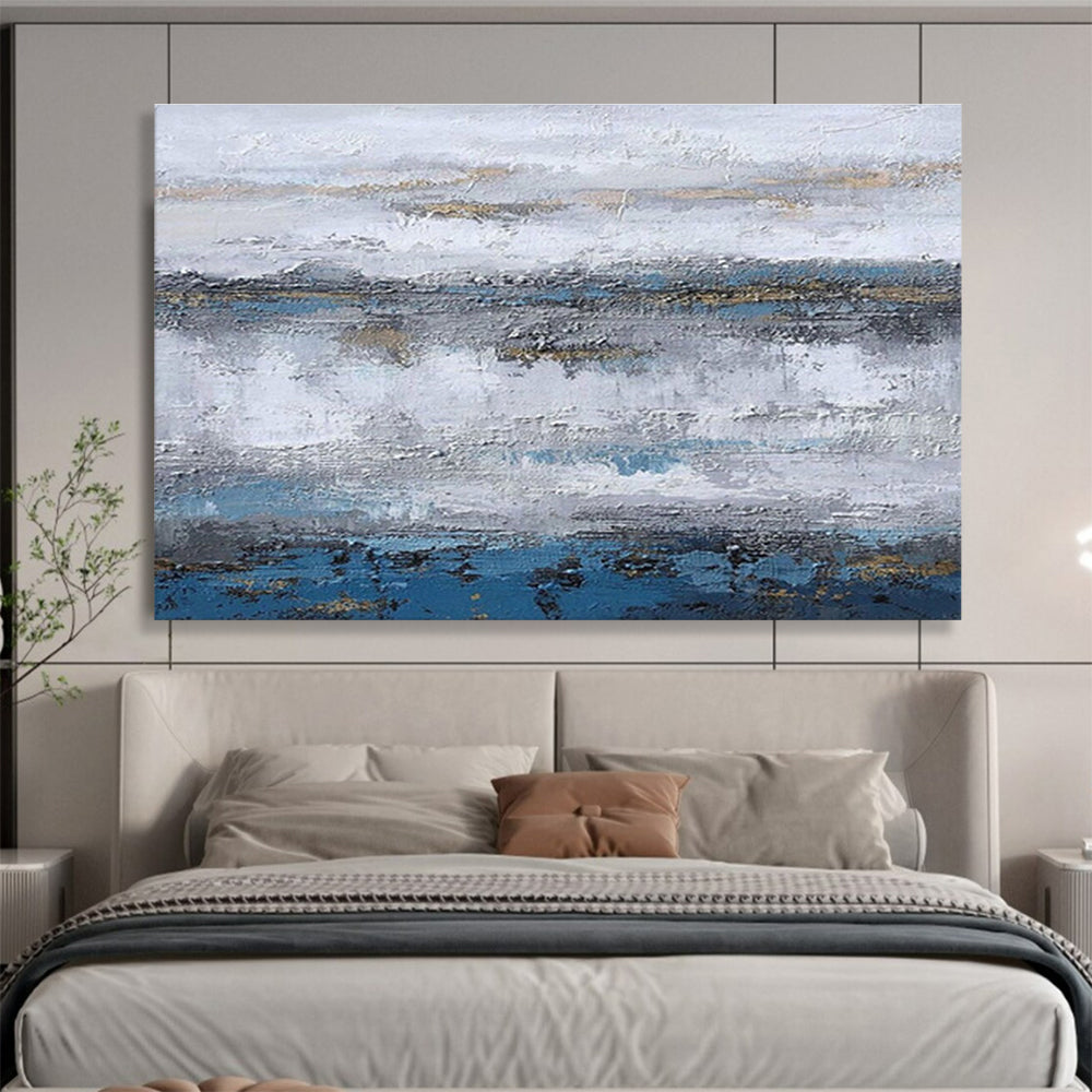 “Blue and Gold Abstract Horizon” - Abstract Horizon Painting, Fits Living Room & Office Lobby DKS609