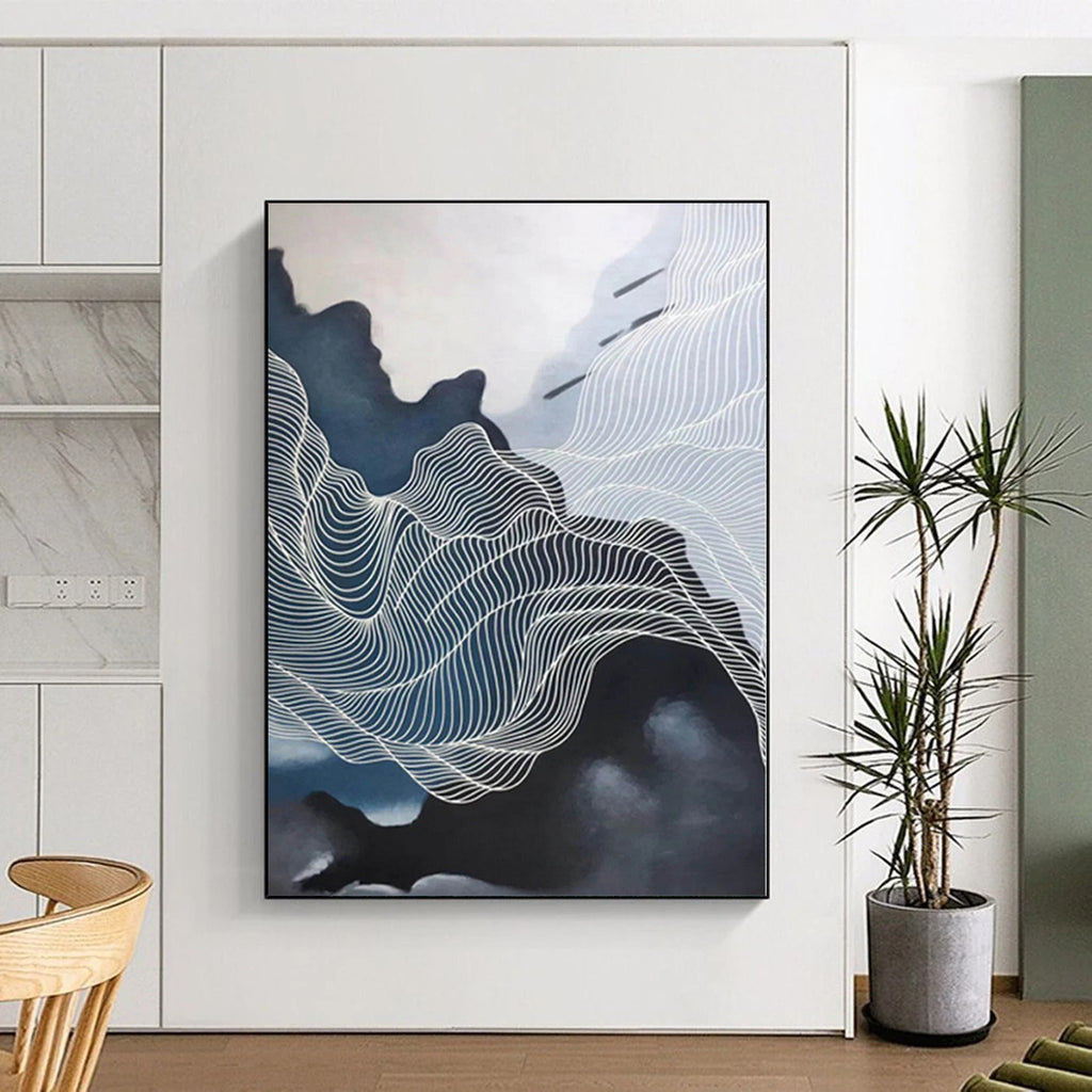“Blue - White Abstract Rippling Lines” - Graceful Abstract Painting On Canvas PS0358