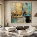 Gold, Teal, Gray with Textured Layers "Gilded Teal Dream" Abstract Painting On Canvas PS1281