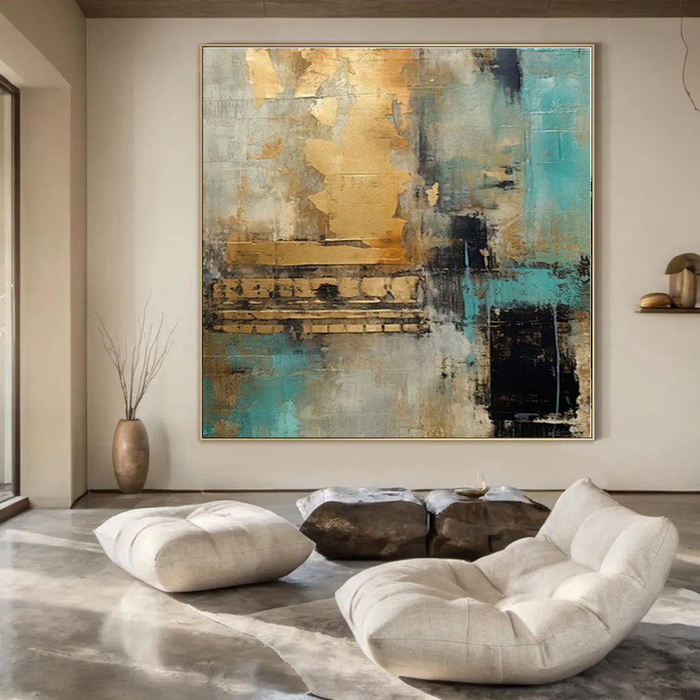 Gold, Teal, Gray with Textured Layers "Gilded Teal Dream" Abstract Painting On Canvas PS1281