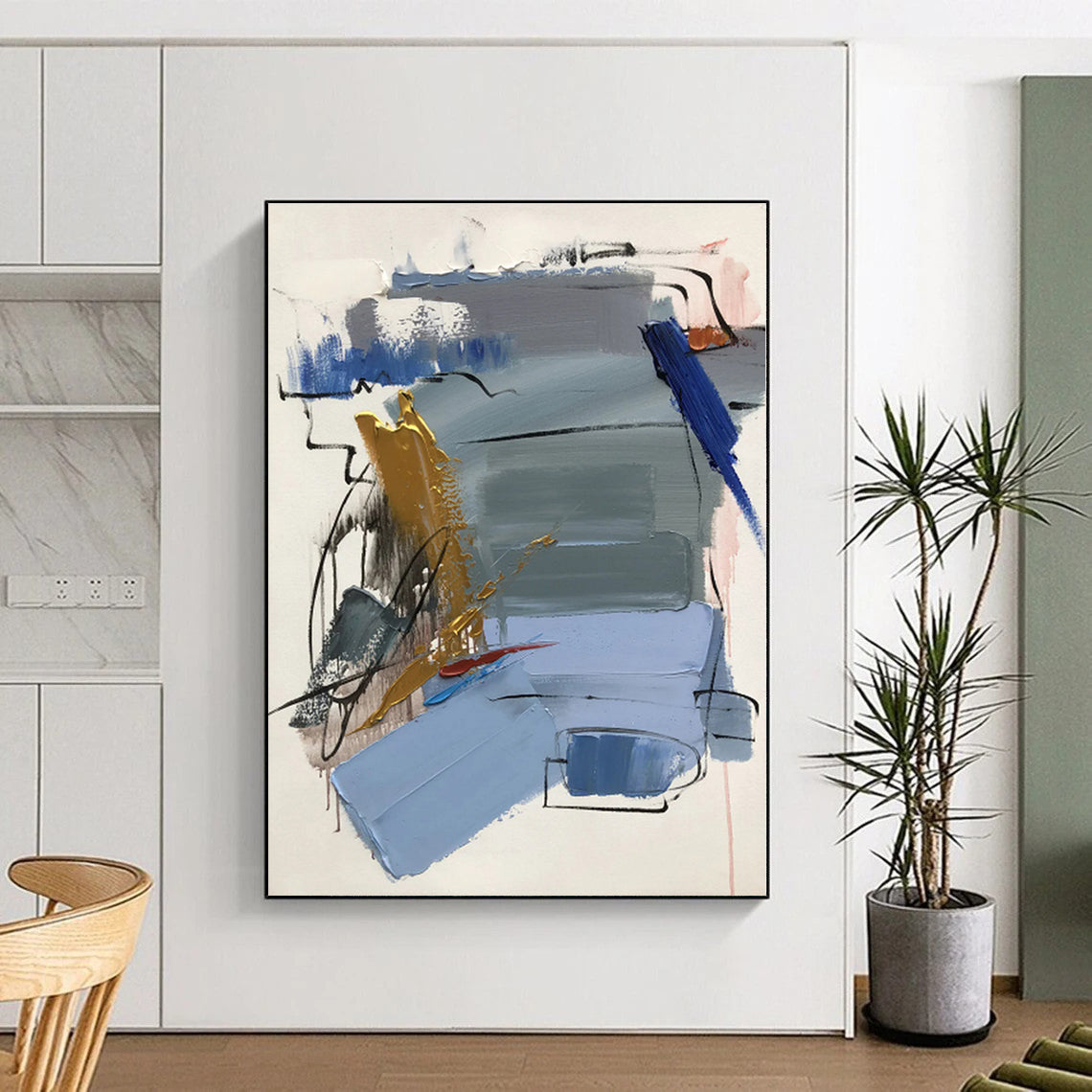 “Blue - Gold Dynamic Abstraction” - Blue, Gold, Gray, Red Abstract Painting On Canvas PS0505
