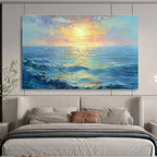 “Vibrant Sunset Sea” - Blue, Orange & Yellow Landscape, Expressive Oil Painting On Canvas DKS760