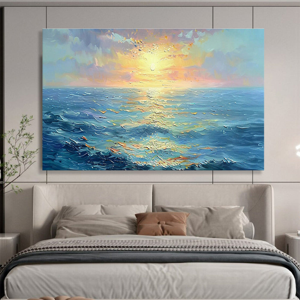 “Vibrant Sunset Sea” - Blue, Orange & Yellow Landscape, Expressive Oil Painting On Canvas DKS760