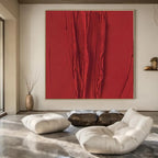 Textured Red Vertical Ridges "Crimson Currents" Relief Sculpture On Canvas PS1071