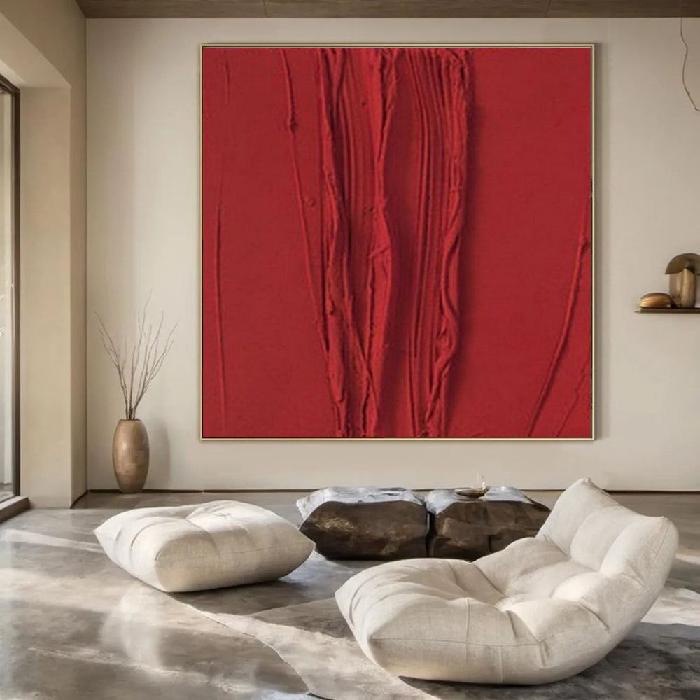 Textured Red Vertical Ridges "Crimson Currents" Relief Sculpture On Canvas PS1071