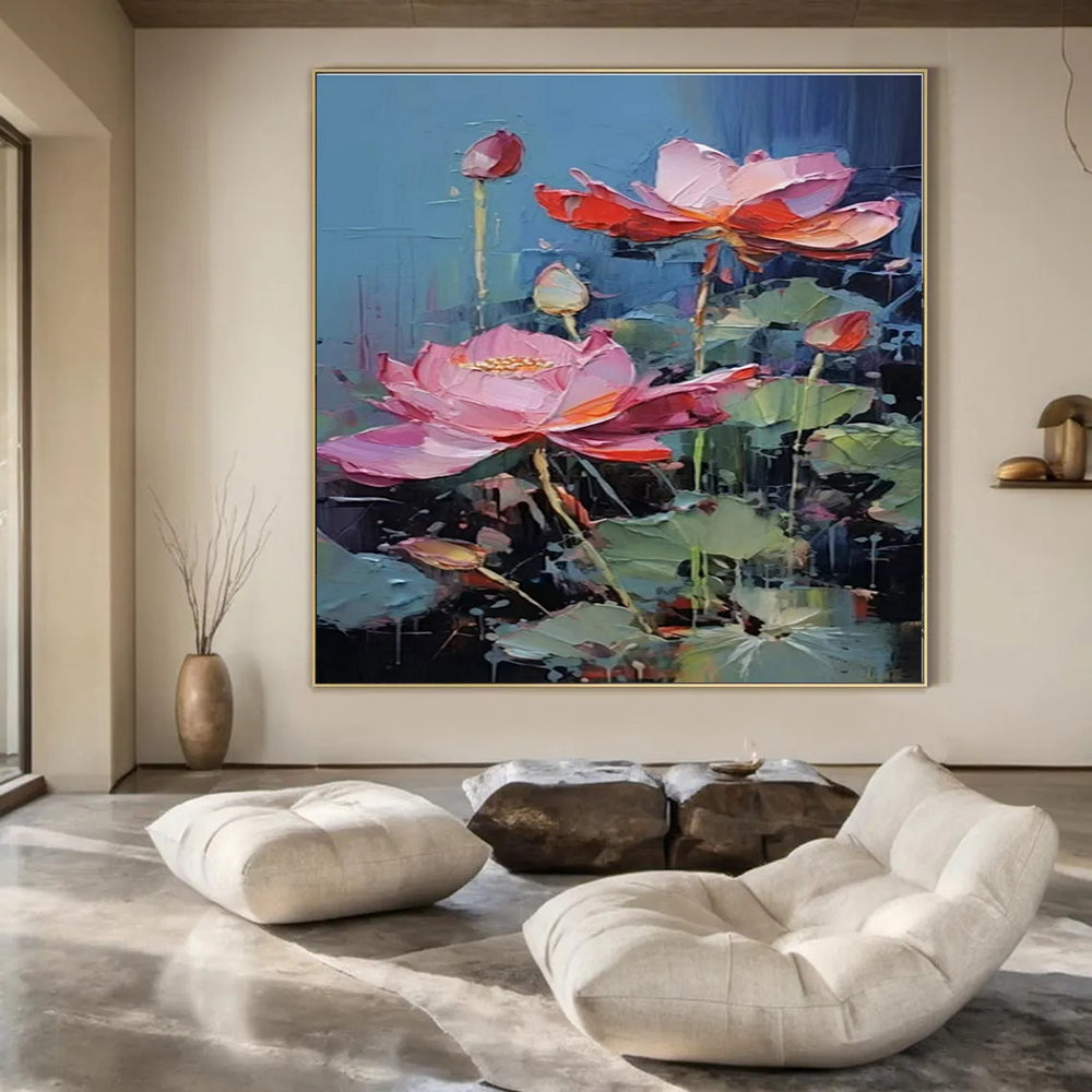 Blue, Pink, Green with Textured Lotus "Vibrant Blooms" Abstract Painting On Canvas PS1436