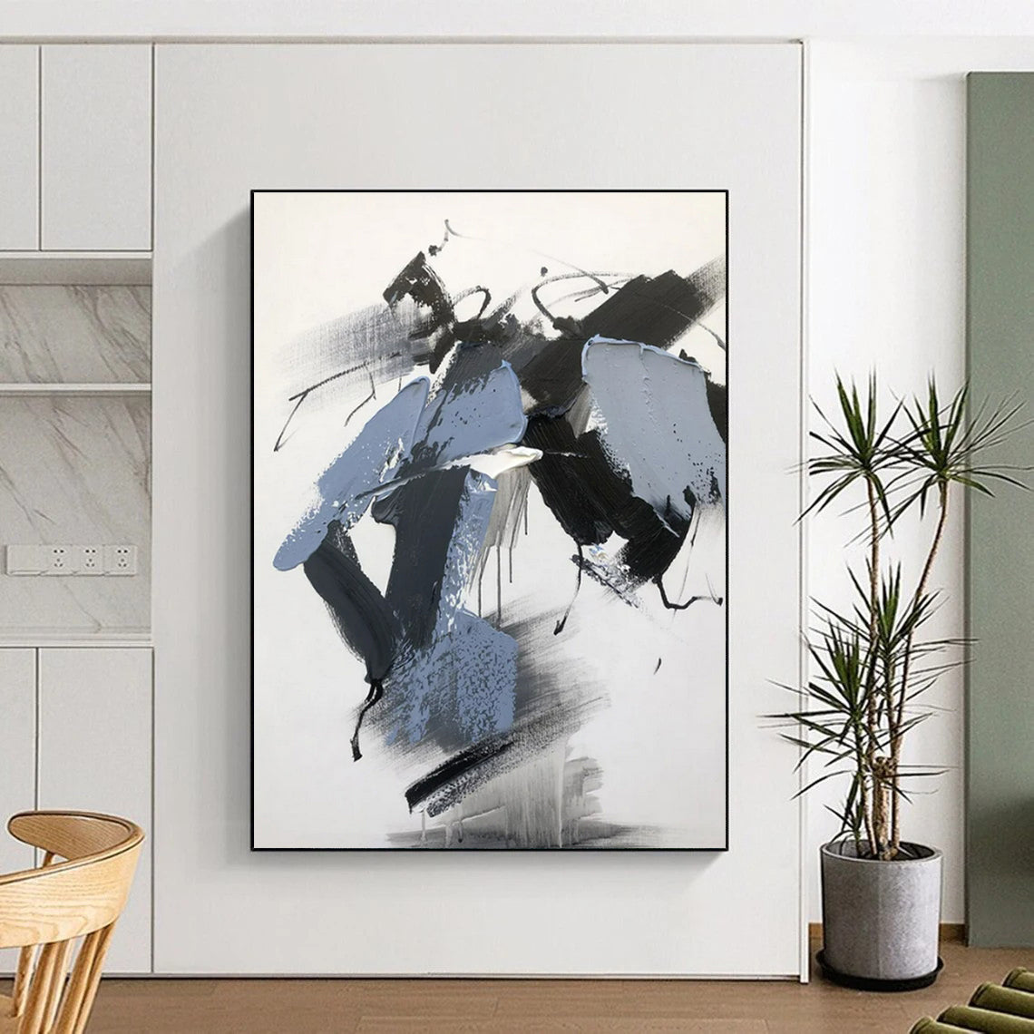 Black, Gray, Blue Dynamic Swirls “Midnight Current” - Painting On Canvas PS0795