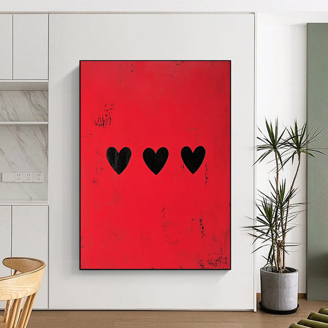 “Minimalist Red with Black Hearts” - Minimalist Conceptual Painting On Canvas PT1935