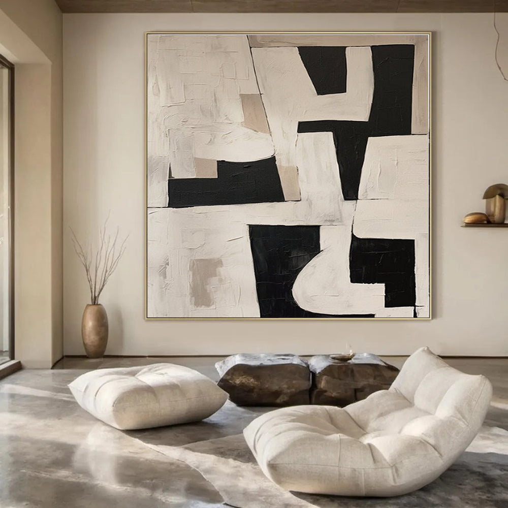 Black, White, Beige with Geometric Shapes "Geometric Rhythm" Abstract Painting On Canvas PS1364