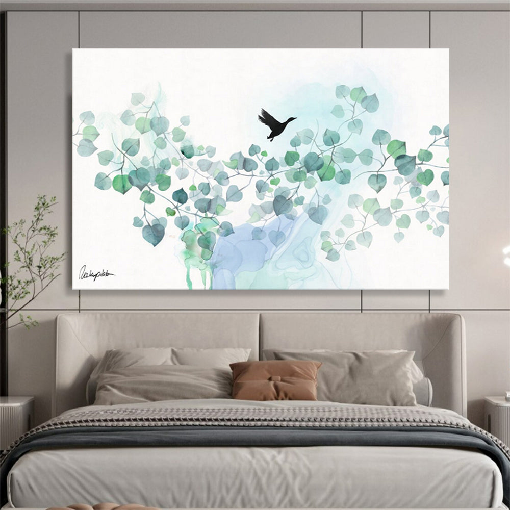 “Eucalyptus And Bird Silhouette” - Watercolor Painting On Paper DKS539