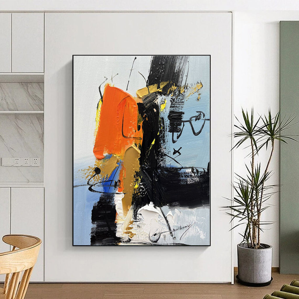 “Orange - Black Bold Abstraction” - Orange, Black, Gold Abstract Painting On Canvas PS0486