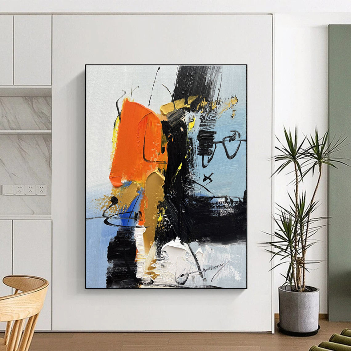 “Orange - Black Bold Abstraction” - Orange, Black, Gold Abstract Painting On Canvas PS0486