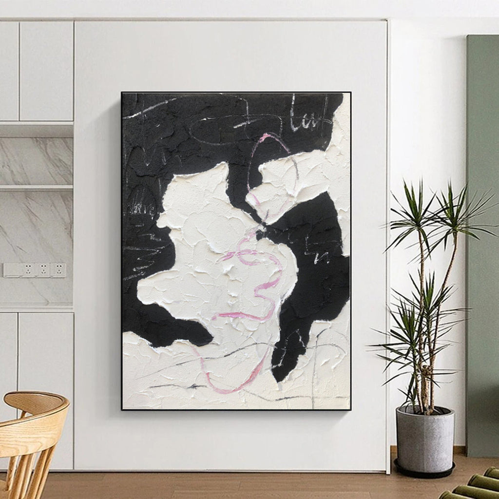 “Black - White Textured Abstraction” - Black, White, Pink Abstract Painting On Canvas PS0480
