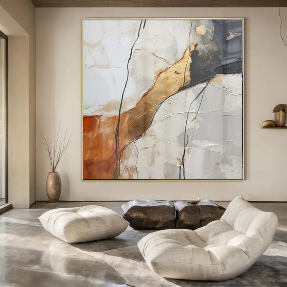 White, Gray, Gold, and Brown Textured "Cracked Elegance" Abstract Textured Painting On Canvas PS1046