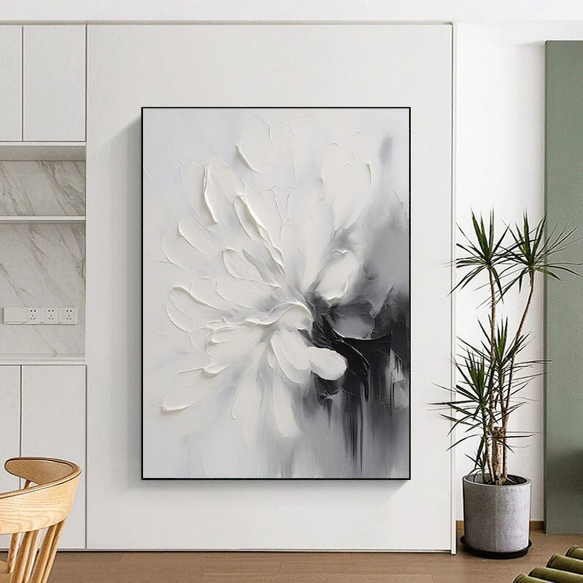 “Textured White Flower” - White, Gray, Black Textured Floral Painting On Canvas PS0767