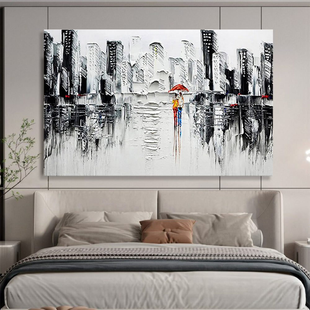 “Urban Rainy Day in Black and White with Red Accents” - Impressionistic Oil Painting On Canvas DKS895