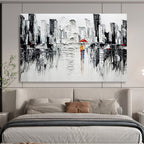 “Urban Rainy Day in Black and White with Red Accents” - Impressionistic Oil Painting On Canvas DKS895