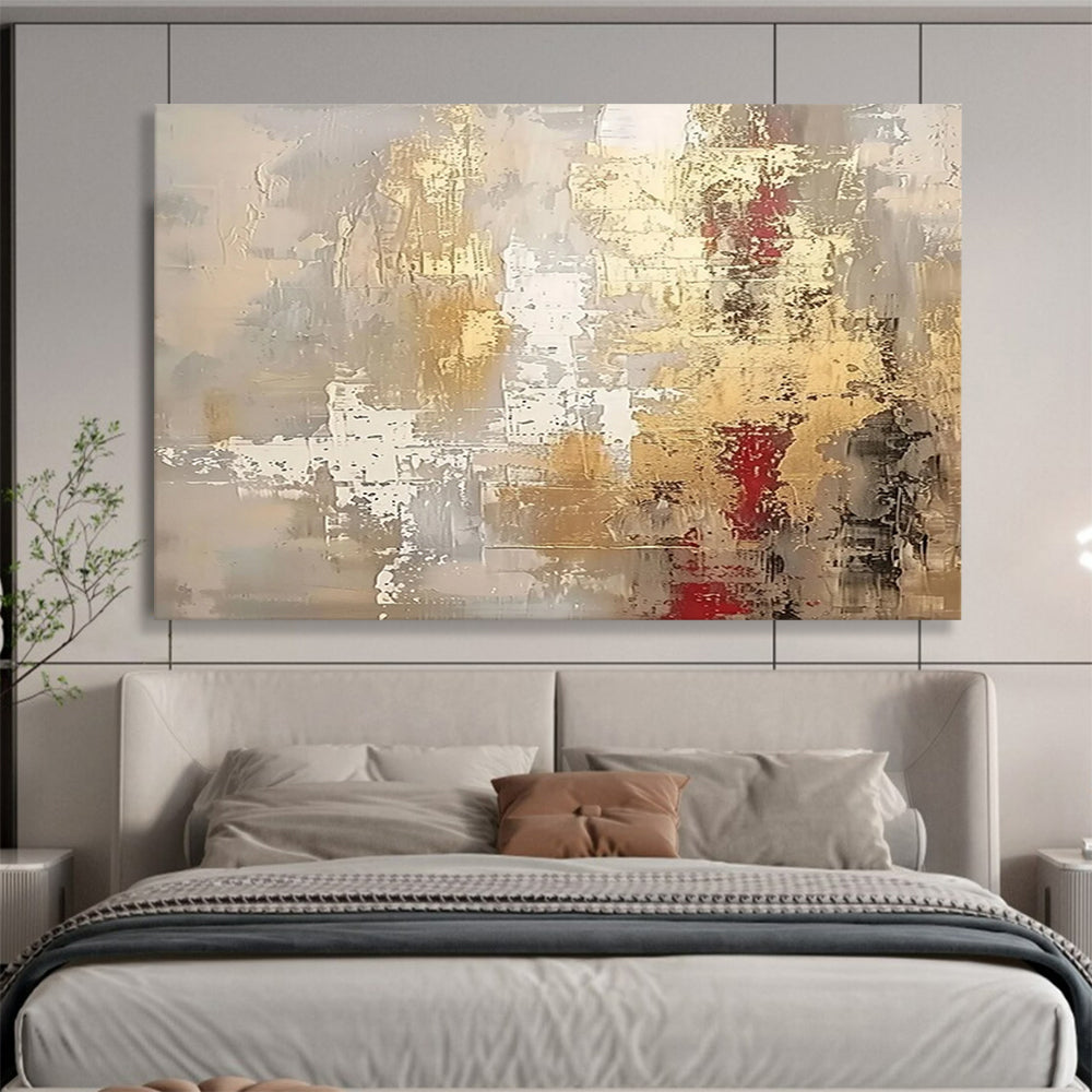 “Elegant Gray & Gold with Red Accents” - Abstract Textured Painting On Canvas PT045