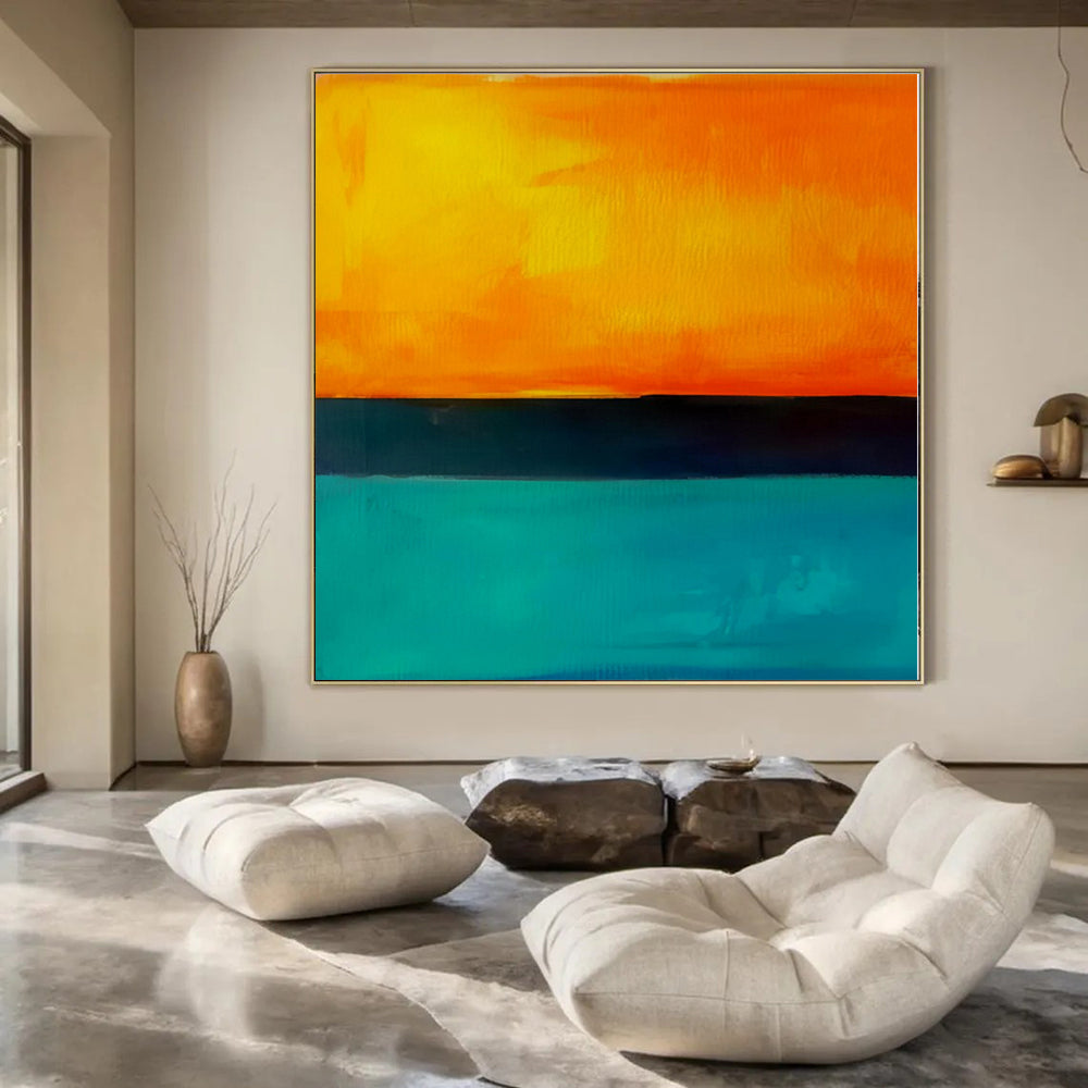 Orange, Teal, Black with Horizontal Bands "Sunset Surf" Abstract Painting On Canvas PS1187