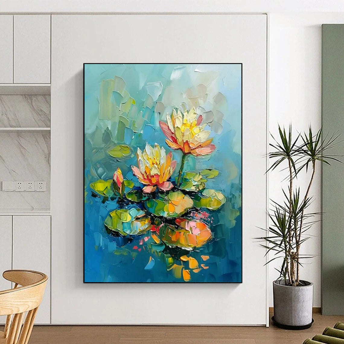 “Colorful Water Lilies” - Impasto Floral Painting On Canvas PT2240