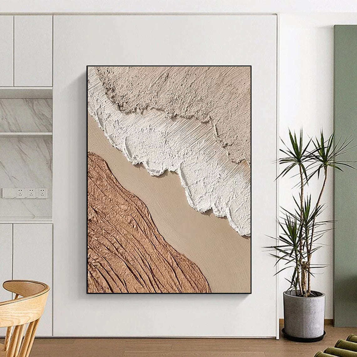 “Textured Earth Layers” - Beige, Brown, White Abstract Landscape Painting On Canvas PS0673