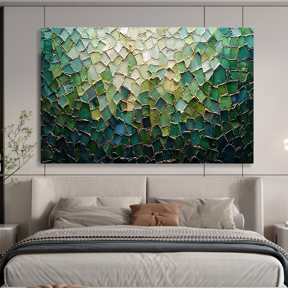 “Green Mosaic Tapestry” - Green, Blue & Gold Abstract, Mosaic - Style Mixed Media On Canvas DKS759