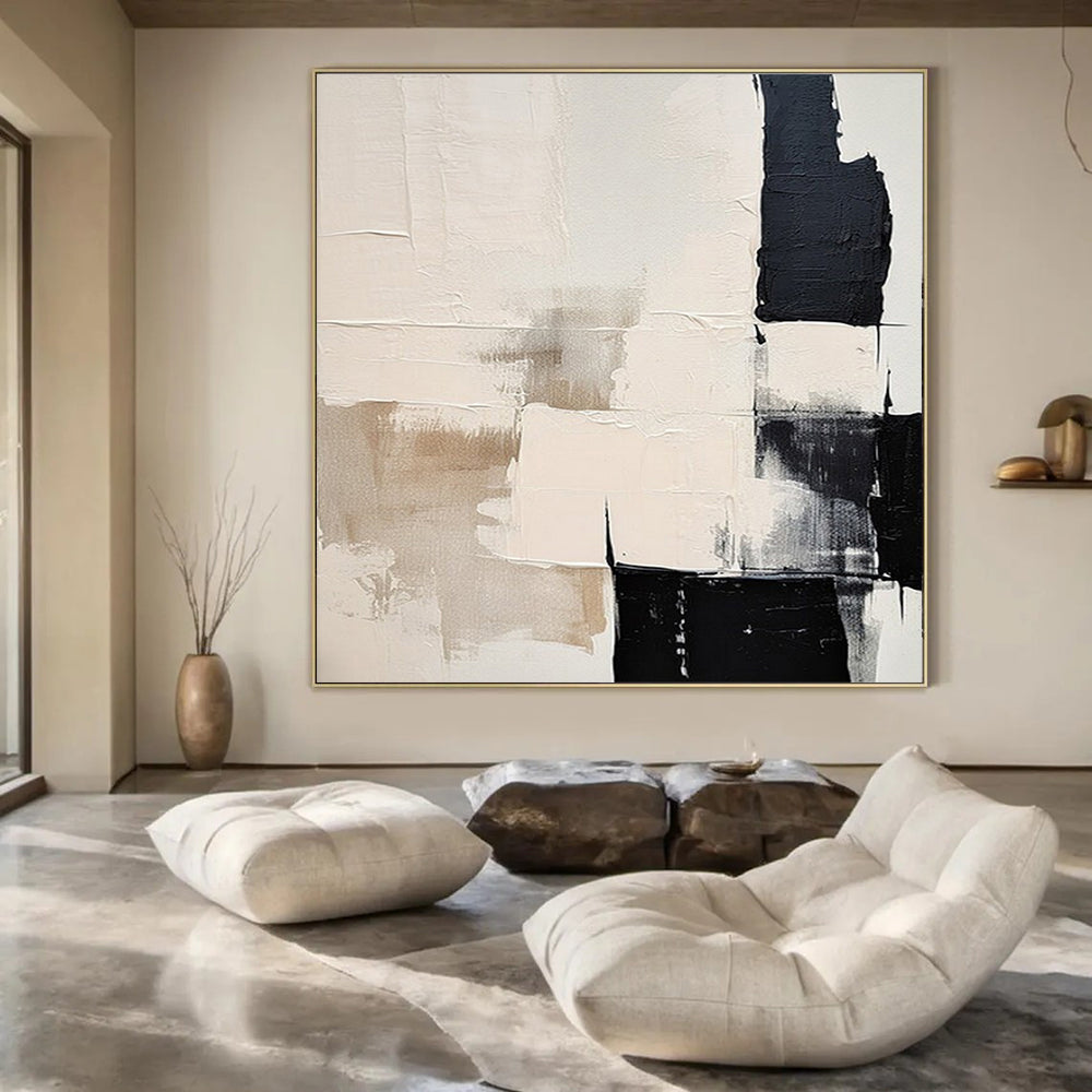 Beige, Black, and White Textured, "Soft Geometry" – Textured Abstract Painting On Canvas PS0978