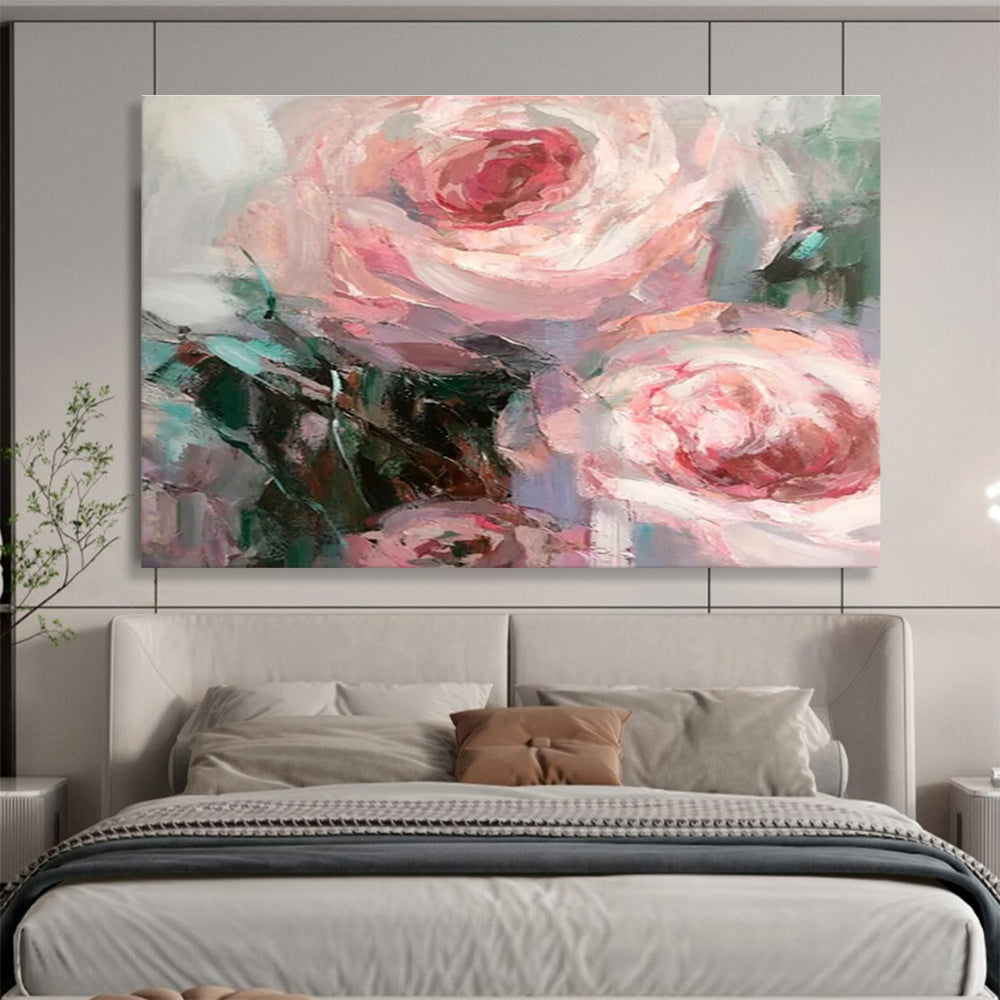 “Soft Pink Rose Blooms” - Pink, Purple & Green Floral, Impressionistic Oil Painting On Canvas DKS724