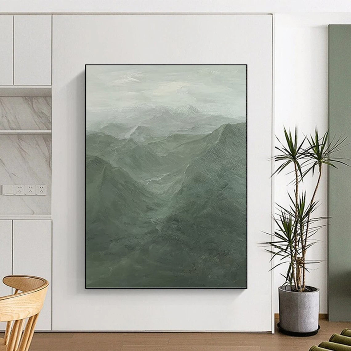 “Misty Green Mountain Range” - Landscape, Green - Toned Painting On Canvas PT1497